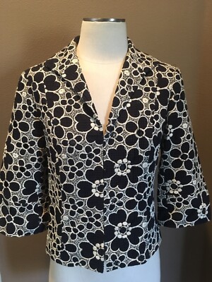 Lafayette 148 NY 8 M 100% Cotton Black & Ivory Chic Embroidered Jacket