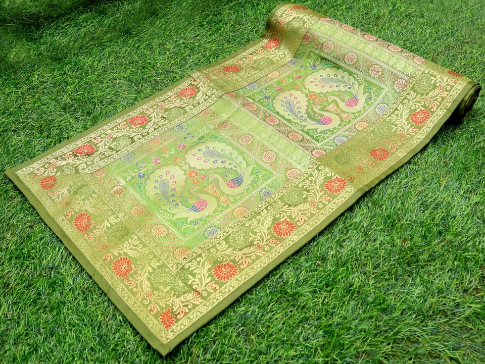 Green Silk Brocade Table Runner Peacock Wedding Decorative Wall Hanging Throw - Image 3 of 4