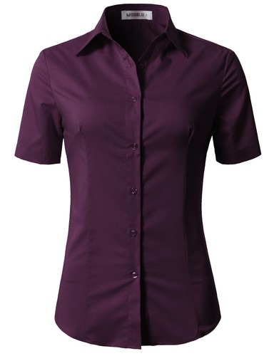 Womens Button Down Shirt Basic SLIM FIT Simple Short Sleeve Collared S010 - Picture 61 of 95