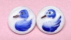 2 Vintage Blue Fluffy Birds  Milk Glass Buttons 1/2 inch