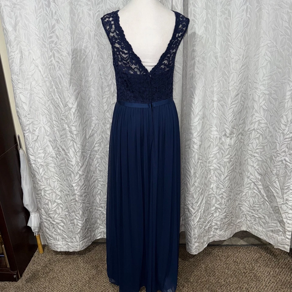 David Vestido Floral Encaje Formal Azul Navi Maxi Largo Cuello Redondo Talla 8 Foto 4 de 4