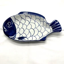 Dansk Fish Serving Plate Platter Dish Blue White Ceramic 11.5"x7.25"