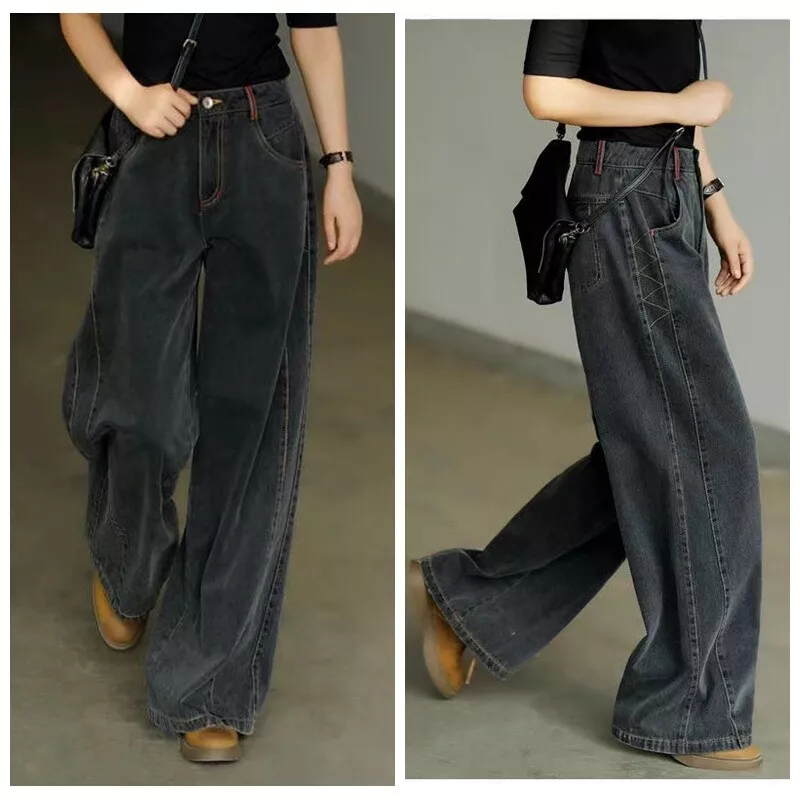 Women Denim Pants Trousers Loose Straight Wide Leg Jeans Bottom Casual  Retro