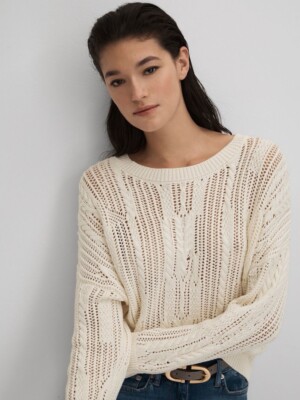Reiss Ivory Tanya Cotton Blend Open Stitch Crew Neck Jumper Size UK  UK