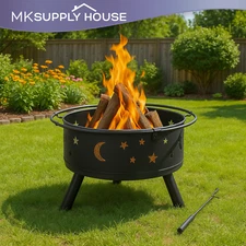 30" Outdoor Metal Fire Pit with Mesh Lid & Poker, Round Wood Burning Fire Bowl