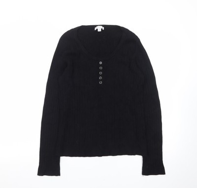 Warehouse Damen schwarz Henley Pullover Größe 16 Langarm Baumwolle Strick