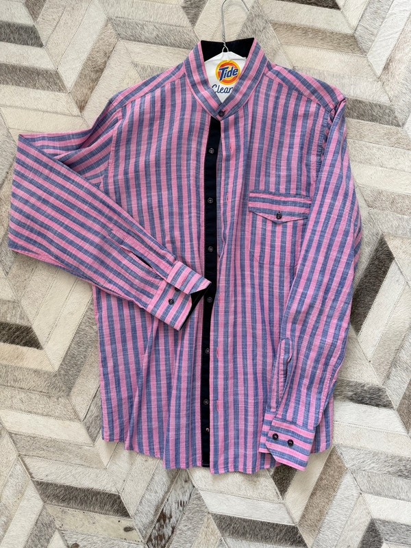Pink & Blue Striped Italian Linen Men’s Button Down Shirt Size 40
