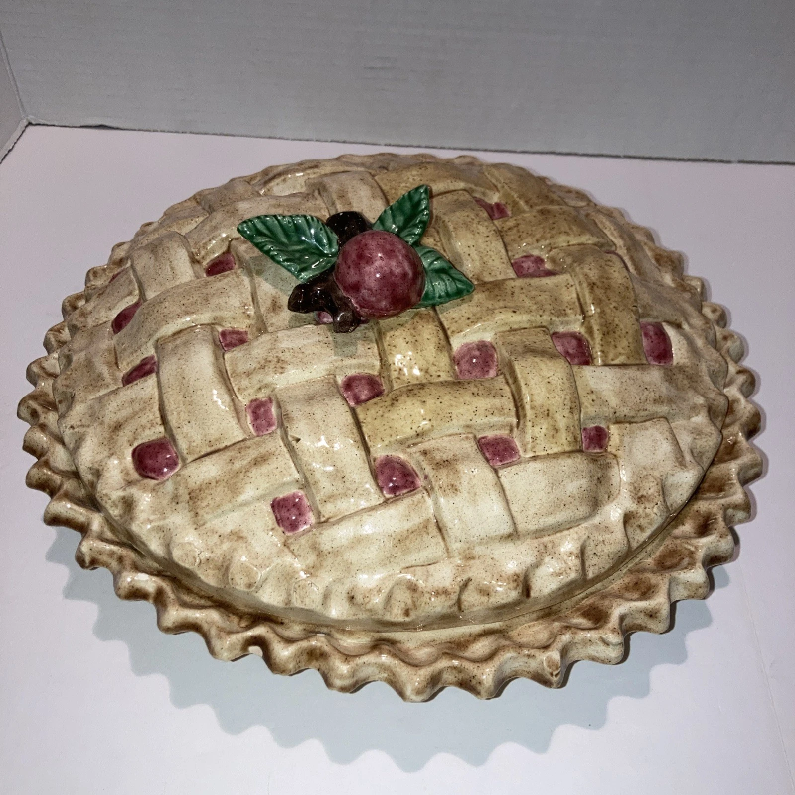 Vintage Ceramic Cherry Pie Dish With Lid Cherry Pie Design Signed Norma D
