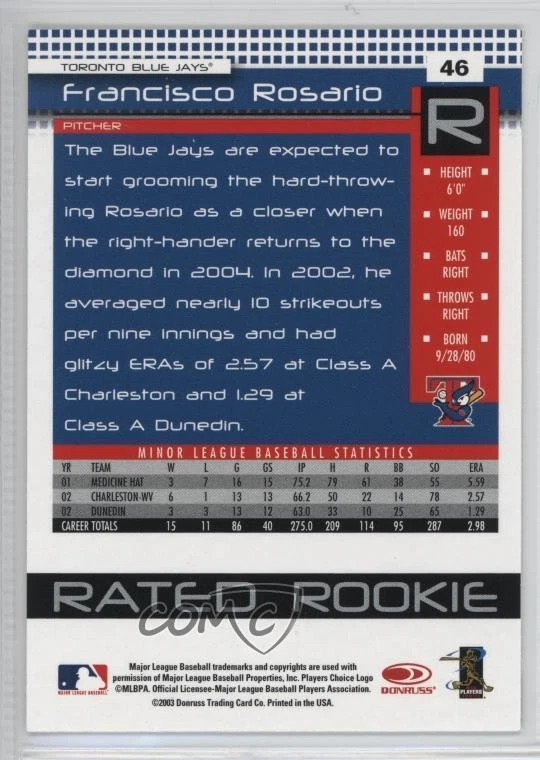 2004 Donruss Rated Rookie Press Proof Red Francisco Rosario #46 - Image 2 of 2
