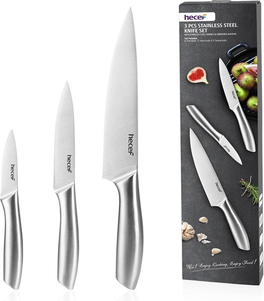 Messerset 3 Tlg Edelstahlklinge Scharfe KüChenmesser 20Cm 12,7Cm 8,9Cm Silber-image