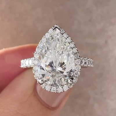 4.95Ctw Pear Cut Moissanite Halo Engagement Ring 14K White Gold Plated