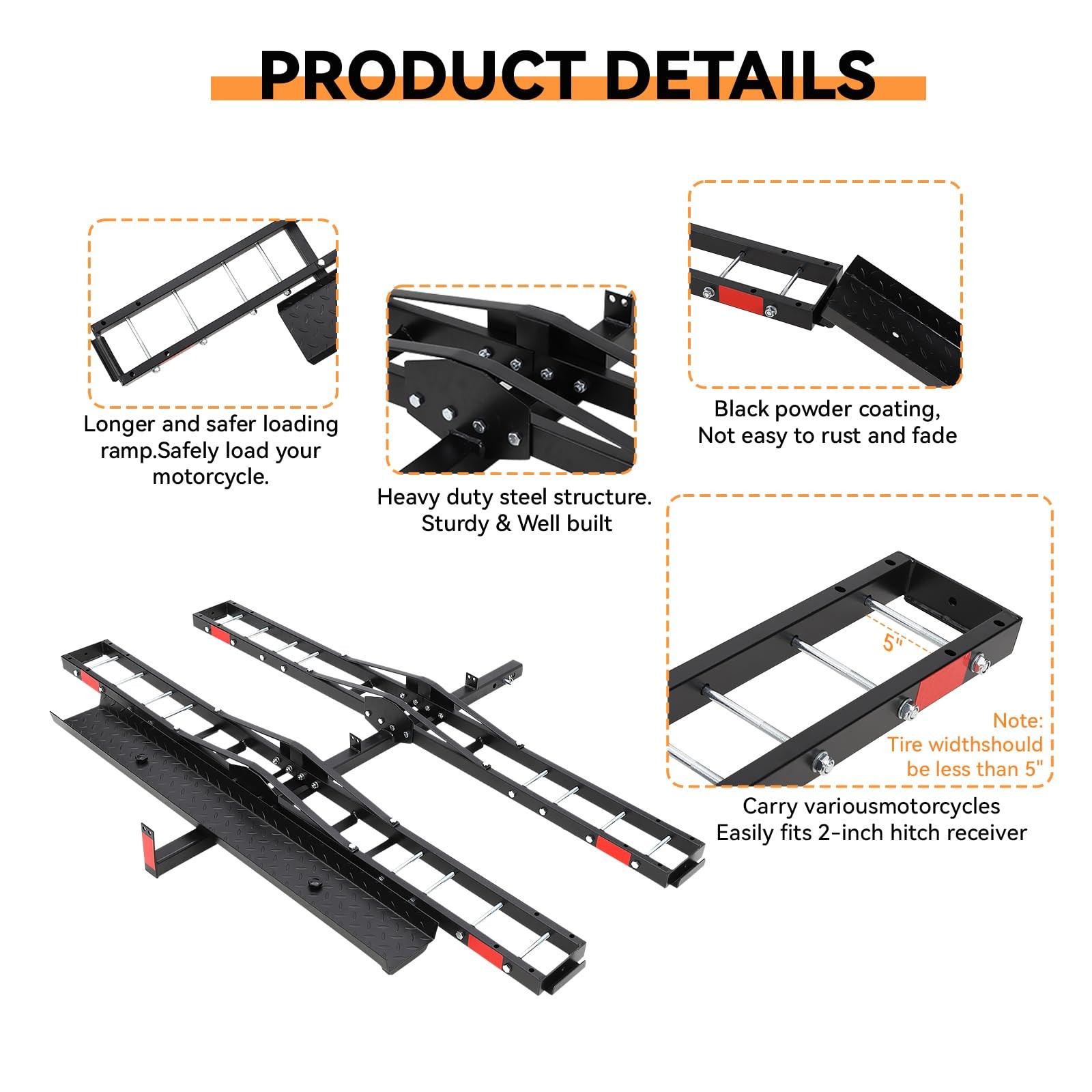 Dual Motorcycle Steel Hitch Mount Hauler 600 LBS Dirt Bike Hitch Carrier w/Ramp