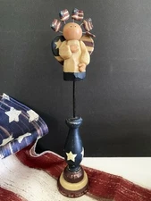 Rare Blossom Bucket Patriotic Angel Flag Spindle Base USA Prim Folk Art Figurine