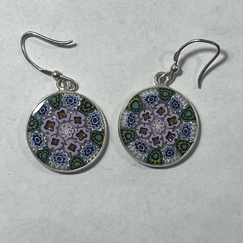 Murano Glass Millefiori Dangle Earrings Multicolor 925 Sterling Silver Hook
