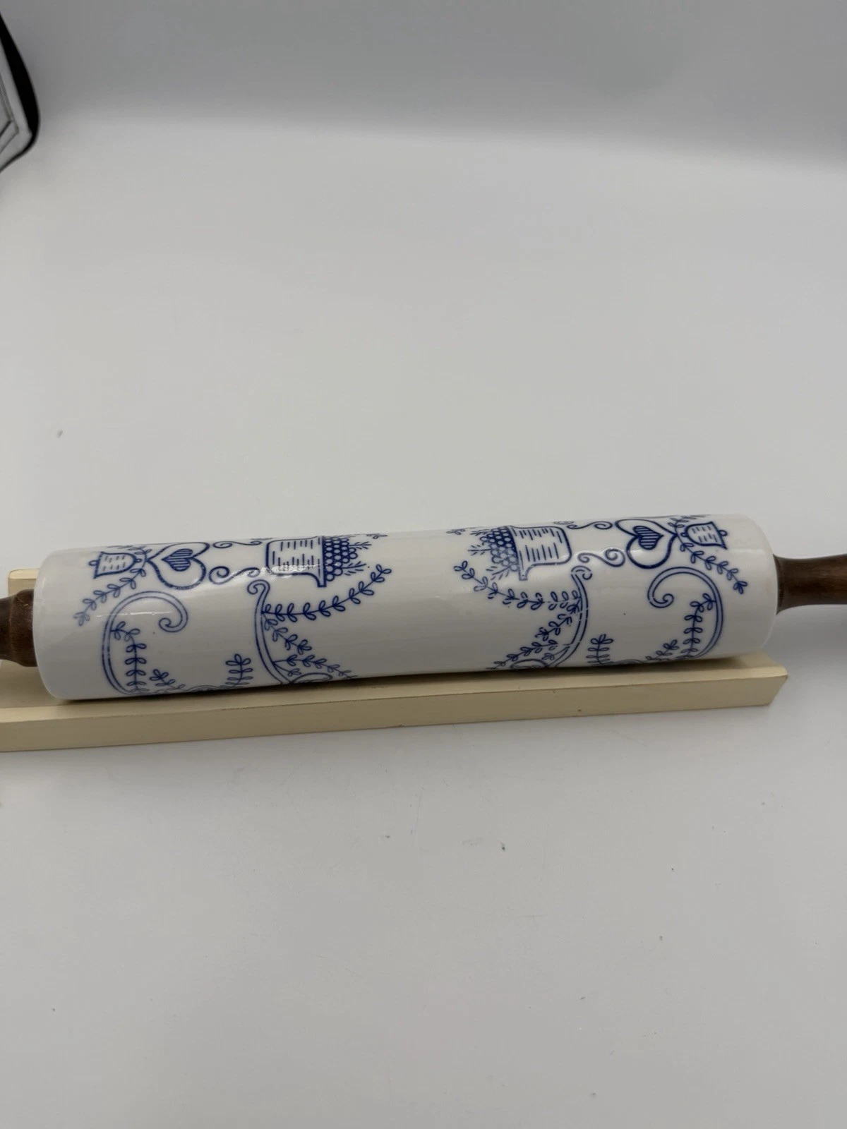 Blue White Glazed Stoneware Roller Pin Wood Handles 17”LX 2” W With Wood Holder