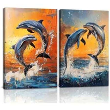 2pcs Abstract Dolphins Ocean Animal Paintings Sunset Wall Art Canvas Unframed