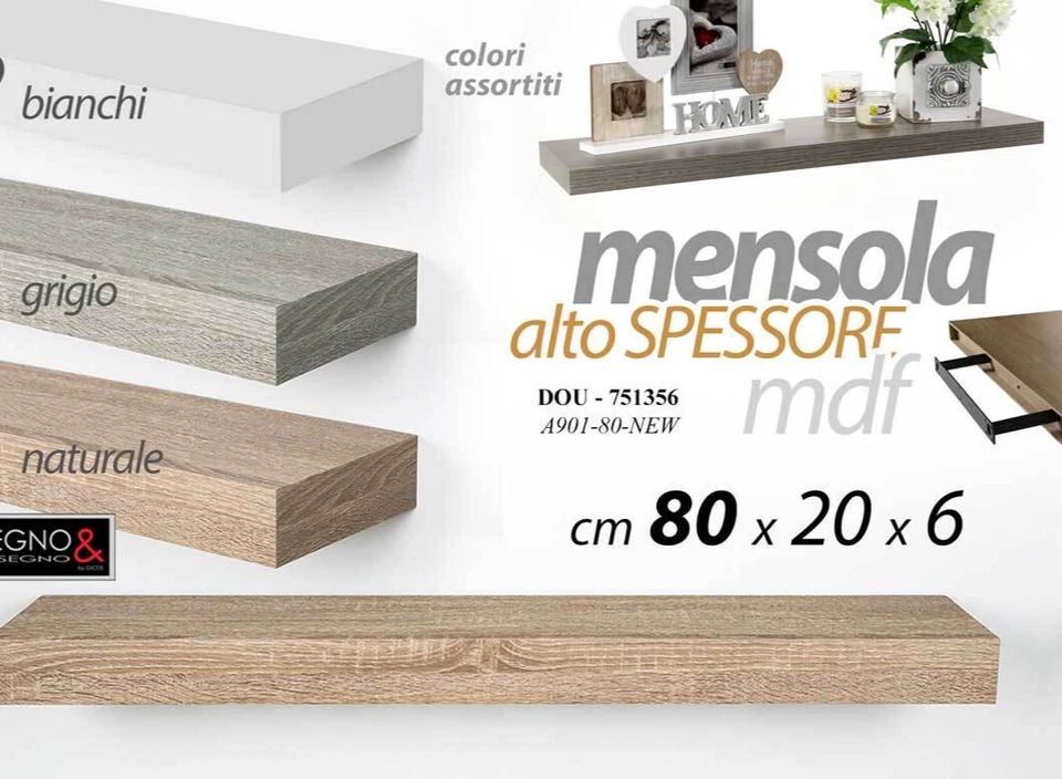 MENSOLA DA PARETE ALTO SPESSORE MODERNA LEGNO CLASSICO COLOR 80*20*6CM - Immagine 2 di 4