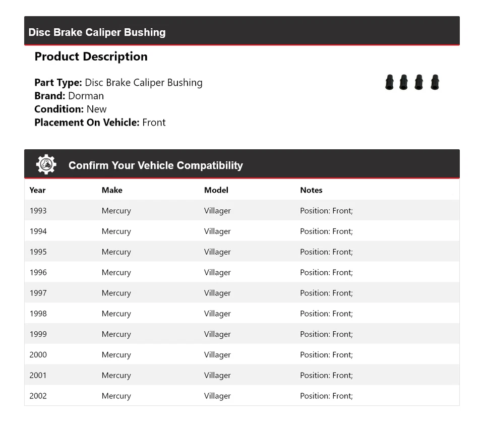 Buje de pinza de freno de disco delantero Mercury Villager Dorman 1993-2002 1994 1995 Foto 2 de 4