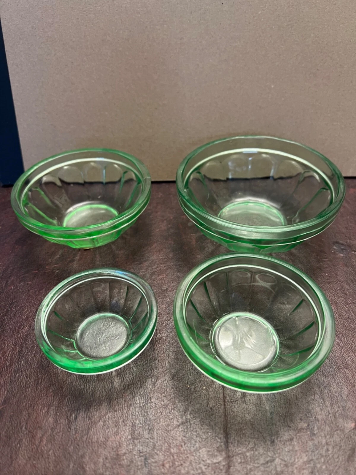 Vtg Green Depression Glass Paneled Nesting Measuring Cup Bowls Set of 4