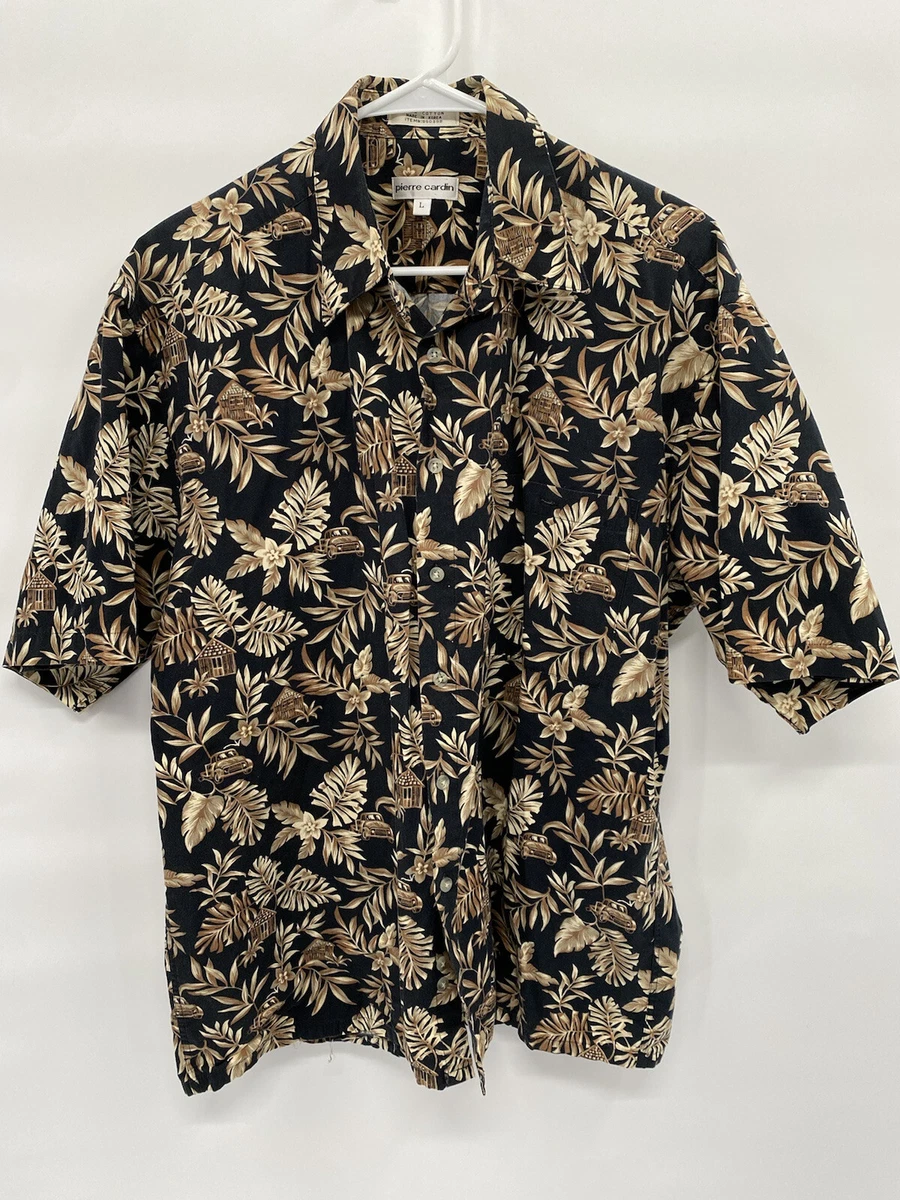 Pierre Cardin Mens Short Sleeve Shirt Vintage Hawaiian Casual Button Down Black