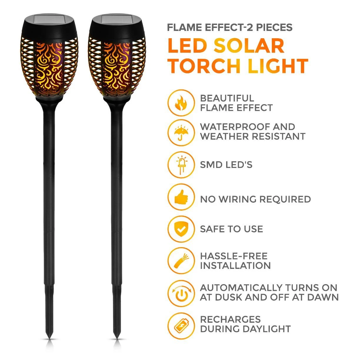 2 Pack Solar Torch Lights 51 LED Flickering Lighting Dancing Flame Garden Lamp