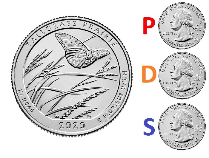 🇺🇸 US 3 Quarters 25 cents P D S Tallgrass Prairie Butterfly