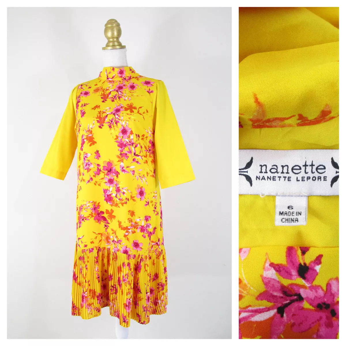 nanette Nanette Lepore Yellow Pink Floral Tie Neck Drop Waist