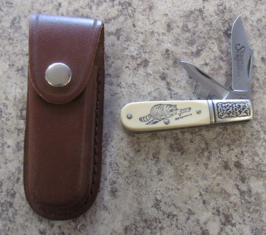 Vintage 1979 Schrade Scrimshaw Raccoon Barlow Knife SC506 USA Made with Sheath