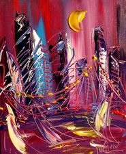 CITYSCAPE MOON  IMPRESSIONIST LARGE ORIGINAL  CANVAS PAINTING -  Gf78G4tbOR7