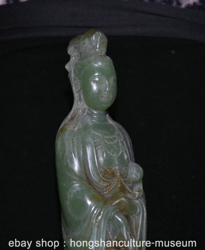 8.8" Old Chinese Green Jade Carving Feng Shui Guanyin Goddess Sculpture