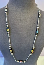 VTG Murano Style Art Millefiori  Rectangle Beaded Necklace Silver Tone Links 28"
