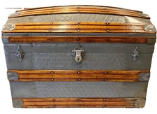 Authentic 1881 Patented Antique Camelback Dome Steamer Trunk Embossed Tin & Wood