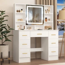 White Makeup Vanity Desk With Smart LED Open Mirror & 7 Drawers Dressing Table