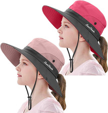 2 Pieces 5-14Y Kids Summer Sun Hat Wide Brim UV Protection for Girls Ponytail Be
