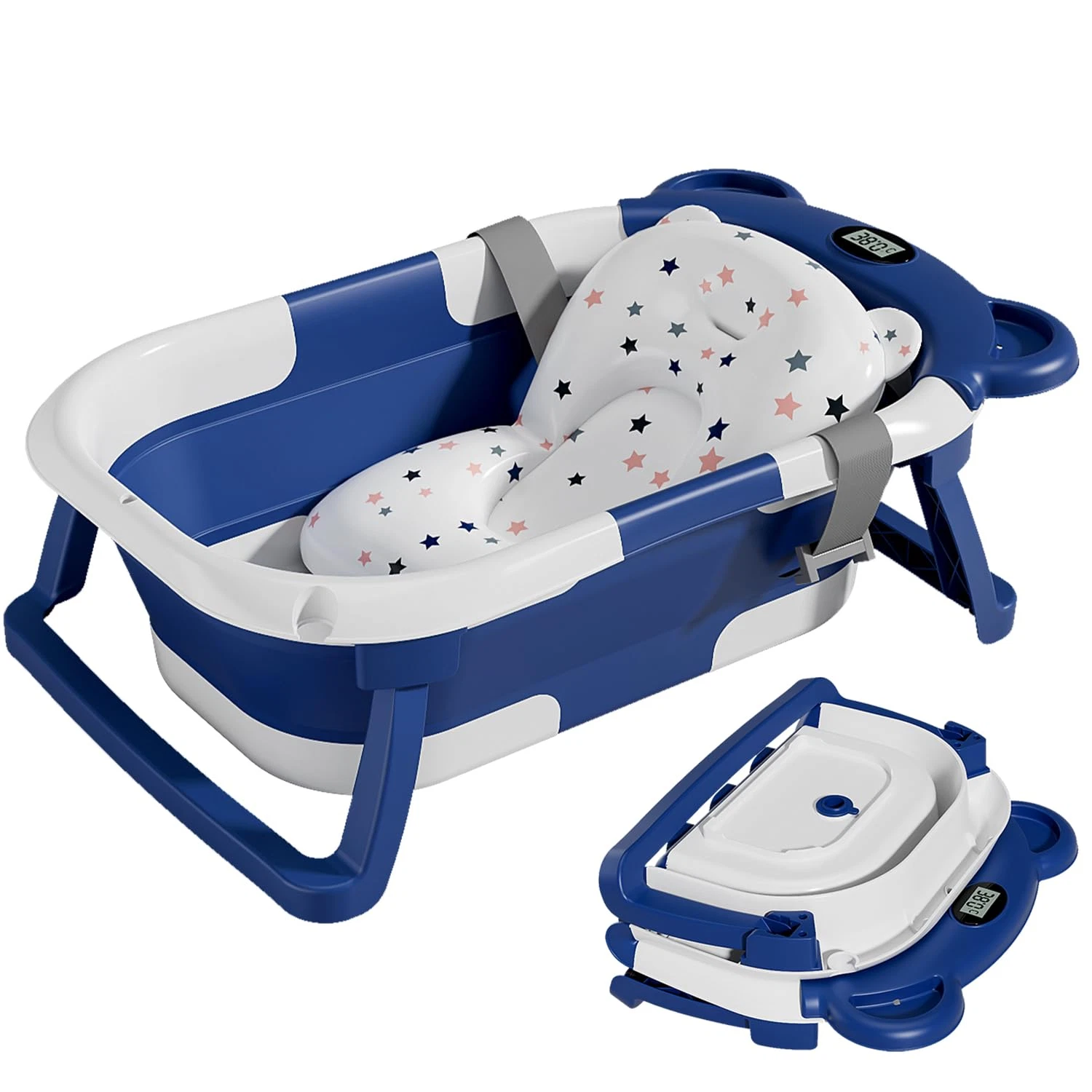 Collapsible Baby Bathtub for Infants to Toddler with Real-Time Temp Monitor+Floa