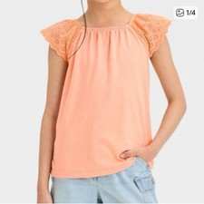 Cat And Jack Large 10/12 Peach Flutter Sleeve T Shirt For Girls, 100 Cotton