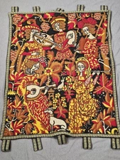 Vintage Medieval Musicians Woven Tapestry Wall Hanging Gobelin Dogs Floral Art