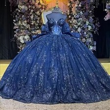 Navy Blue Shiny Quinceanera Dresses Applique Lace Bead Bow Tull Party Sweet 16