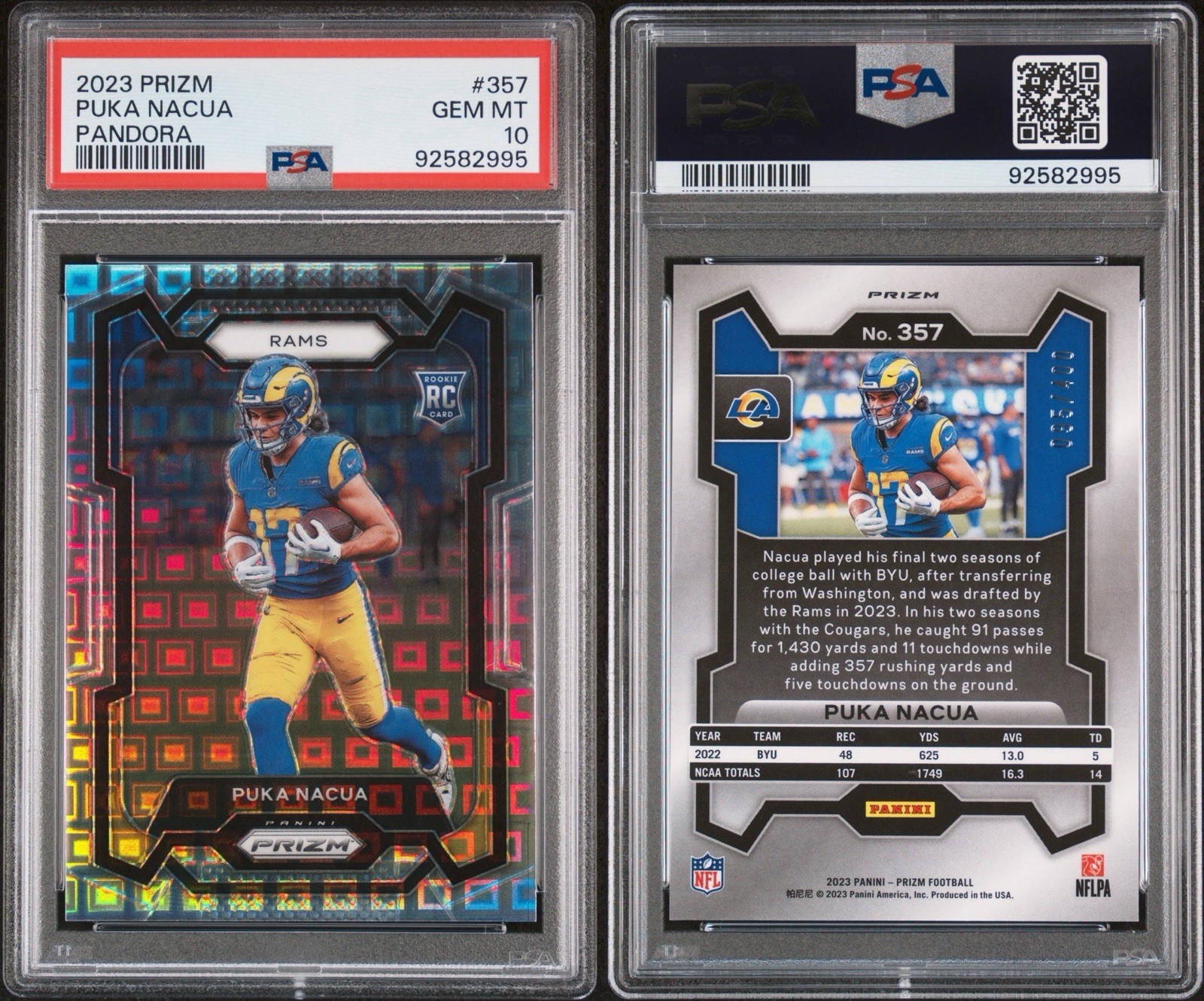 Puka Nacua /400 Rookie Pandora PSA 10 GEM MINT 2023 Panini Prizm #357 RC view 3