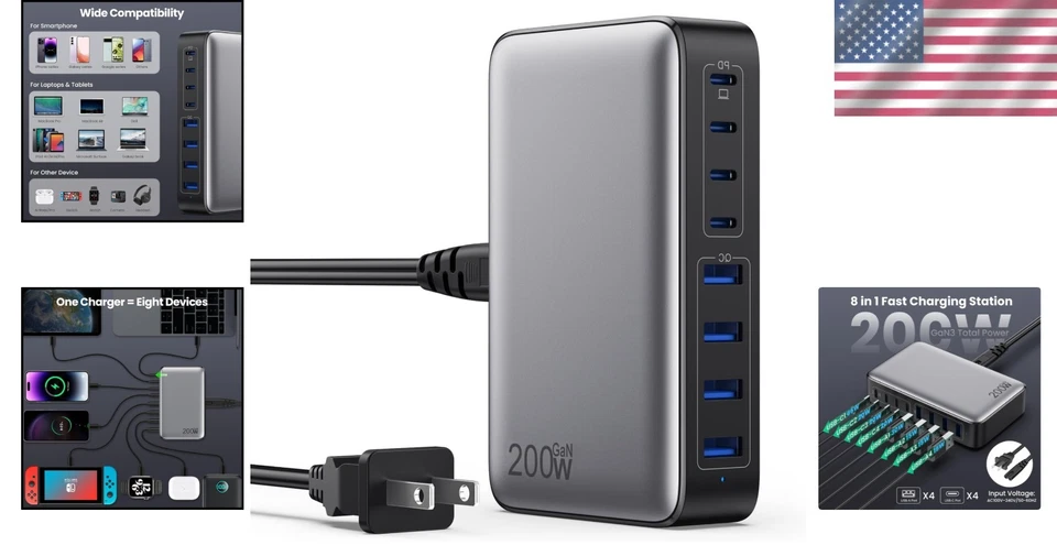 Compact 200W GaN III USB C Charger - 8 Ports for Fast Charging iPhones & Laptops - Image 2 of 4