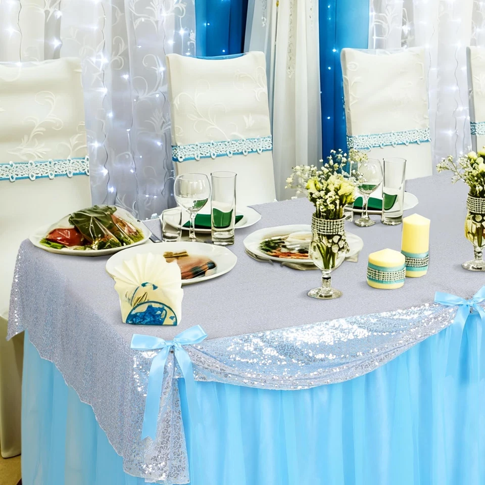 Princess Gray Party 桌布 蓝色和银色亮片薄纱桌裙 30 x... — 第 4/4 张图片