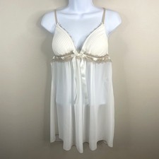 Linea Donatella Nightie Slip Dress Womens Medium Ivory Babydoll Sheer Chemise