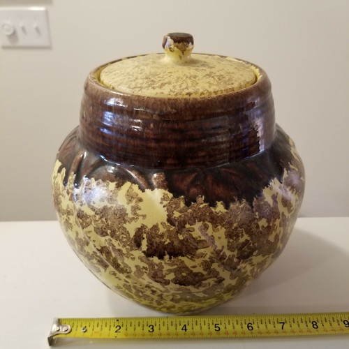 Vintage Gonder 8.5" Yellow & Brown Drip/Sponge P-24 U.S.A Swirl Round Cookie Jar - Picture 12 of 12