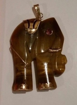 Estate XL 14K Y Gold Tiger  Eye Chatoyant Gem Elephant Pendant Slider Ruby Eye