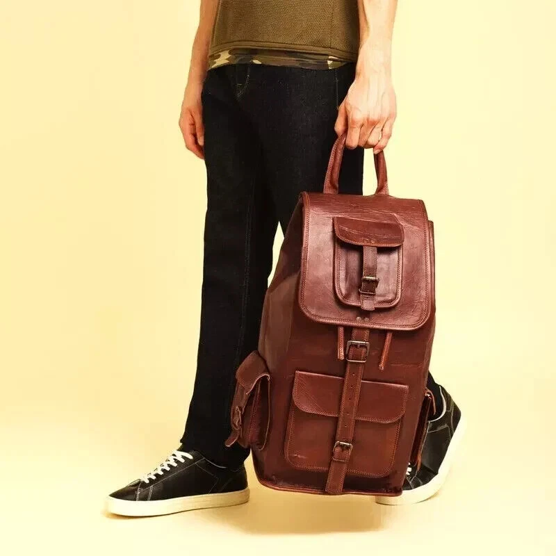 Leather Genuine Backpack Bag Men Rucksack Vintage Travel Leather Laptop Backpack