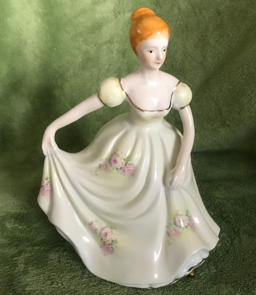 GR 44 Figurine-19th Century Woman in Beautiful White Dress w/Clusters of Pink Fl