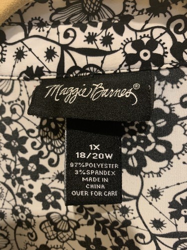 Maggie Barnes Übergröße 1X (18-20W) Damen-Top mit Knopfleiste schwarz weiß Blumenmuster gebraucht, in einwandfreiem Zustand - Bild 3 von 9