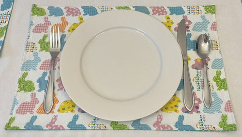 Easter Placemats Reversible Bunny Rabbit Polka Dot Turquoise White Pink Set of 4 - Picture 4 of 8
