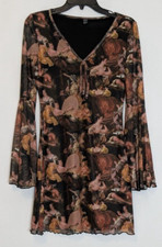 SHEIN Brown/Pink Lined Chiffon Fit & Flare Long Sleeve Short Dress; Size M