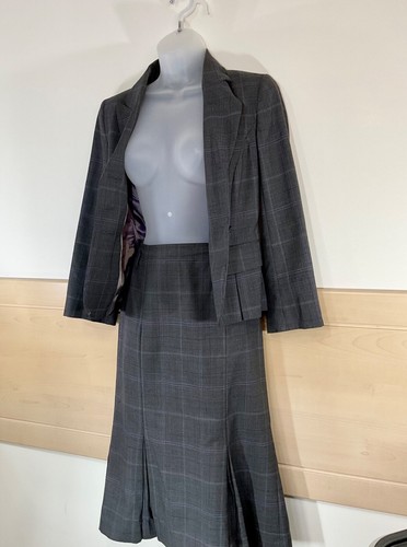 Hobbs Checked Wool Skirt & Jacket Suit Midi Grey Uk 8 VGC - Picture 8 of 24